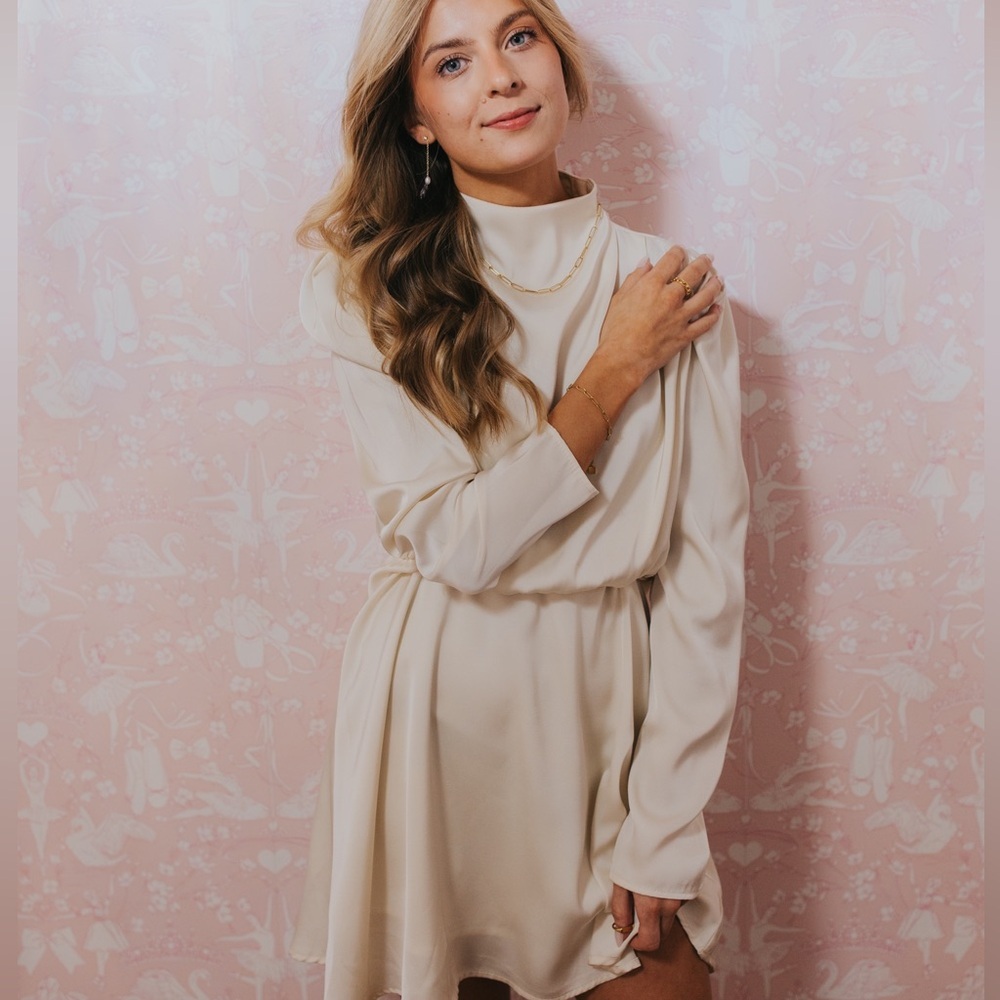 Cream Long Sleeve mock neck satin Dress - Picture 3 of 7